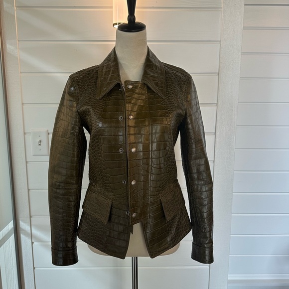 Tom Ford Olive Crocodile Embossed Leather Jacket